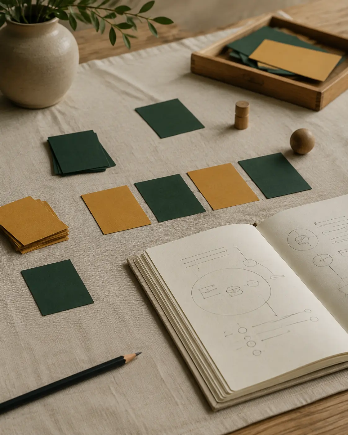 Mesa de trabajo con tarjetas y materiales para practicar, observar y ajustar nuevas respuestas.